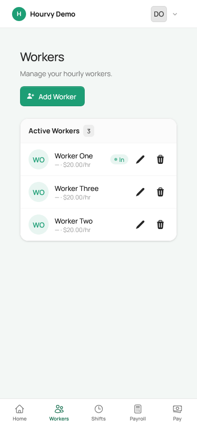 Hourvy workers list with hourly rates and clock-in status